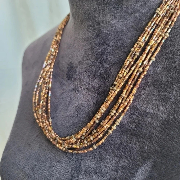 Silver Tone Brown Glass Seed Bead Multi Strand Fashion Necklace 20"+3" - Picture 4 of 10